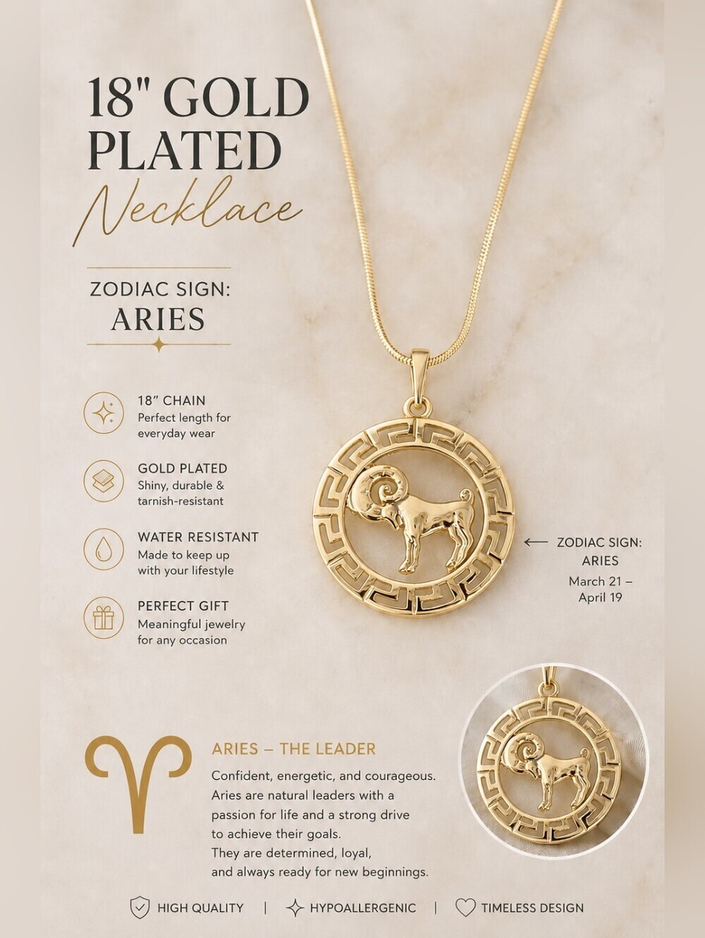 Aries Gold Plated Zodiac Necklace 18” Snake Chain Pendant